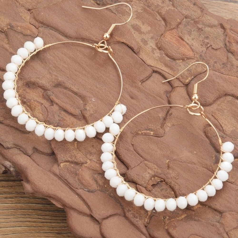 Boho White Crystal Bead Hoop Earrings